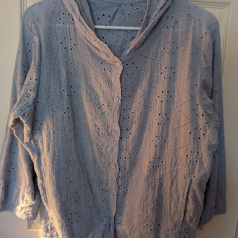 💲⬇️Adorable Women's Button-Down Eyelit Shirt With hoodie in Light Baby Blue